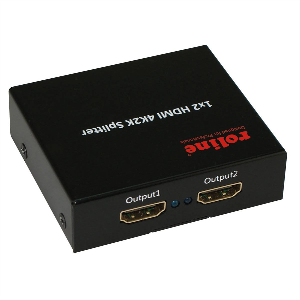 Schwarzer 1x2 HDMI 4K2K Splitter mit zwei beschrifteten Ausgängen auf einem kleinen Metallgehäuse.