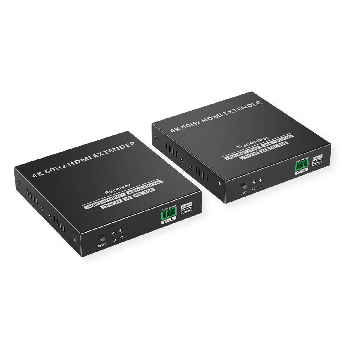 Zwei schwarze 4K 60Hz HDMI-Verlängerungsgeräte, beschriftet mit Empfänger und Sender, nebeneinander auf weißem Hintergrund dargestellt.