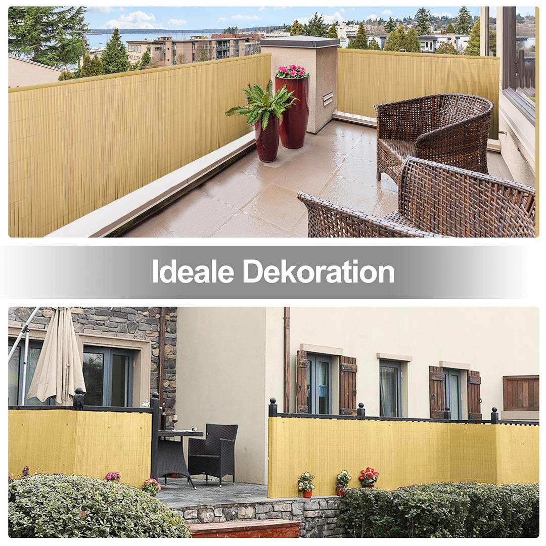 Collage aus Balkon- und Terrassensichtschutzschirmen mit beiger Umzäunung, Korbstühlen, Topfpflanzen und dem Text „Ideale Dekoration".