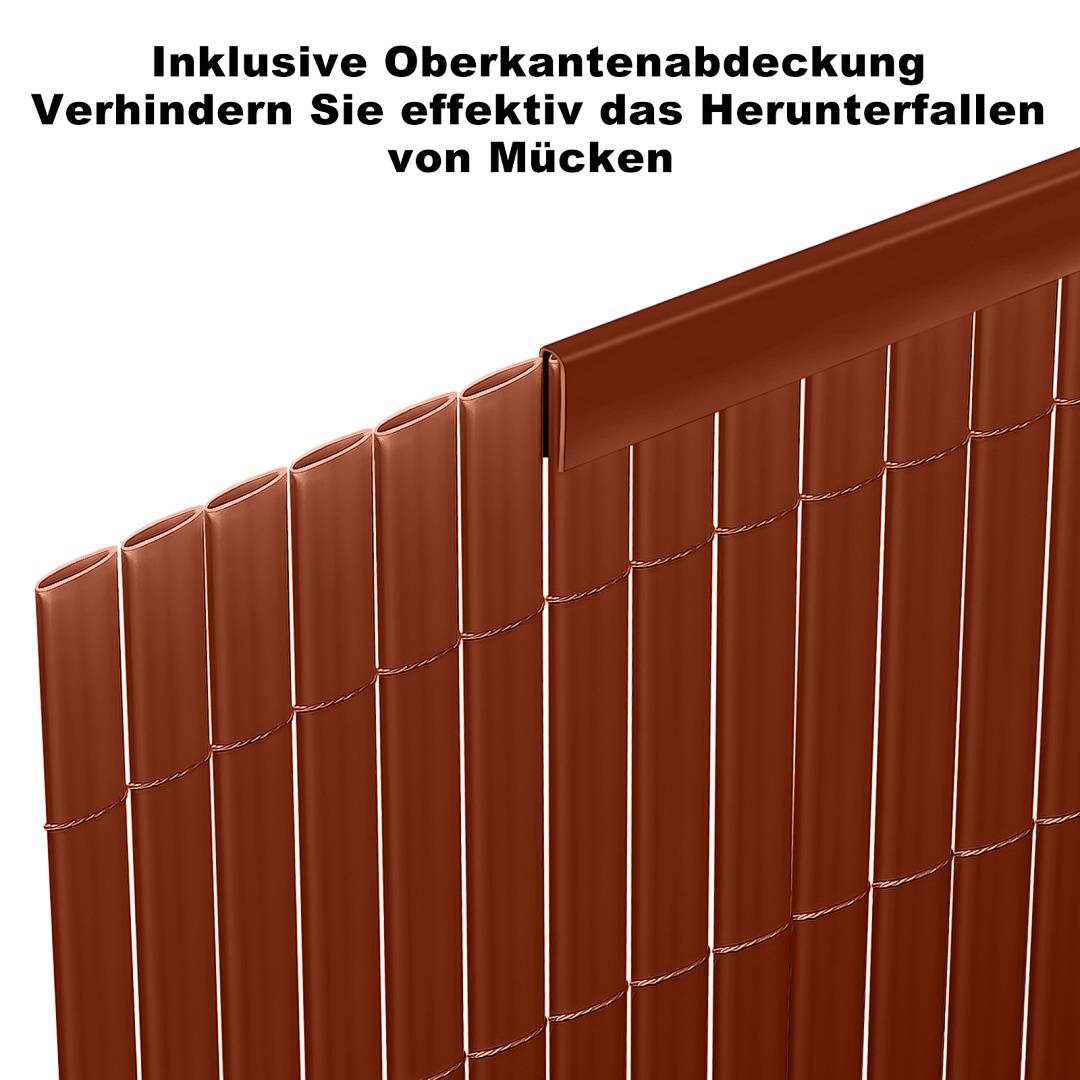 Brauner Bambusoptik-Sichtschutzzaun mit deutschem Text: „Umfassende Abdeckung verhindert effektiv die Moskitovermehrung"
