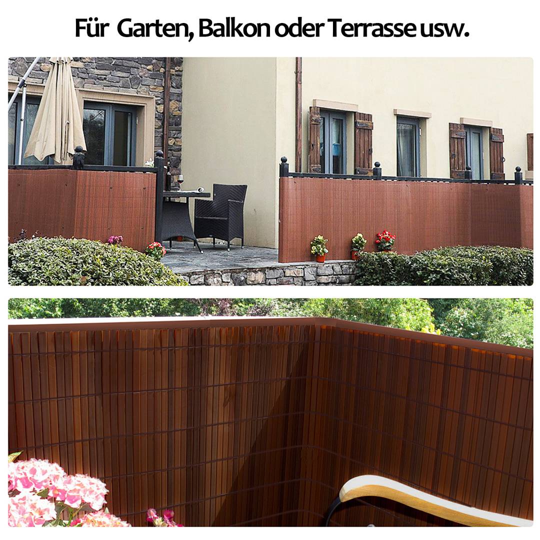 Tragbare braune Datenschutzzaun-Paneele zur Verwendung im Garten, auf dem Balkon oder der Terrasse, installiert rund um eine Terrasse und einen Balkon.