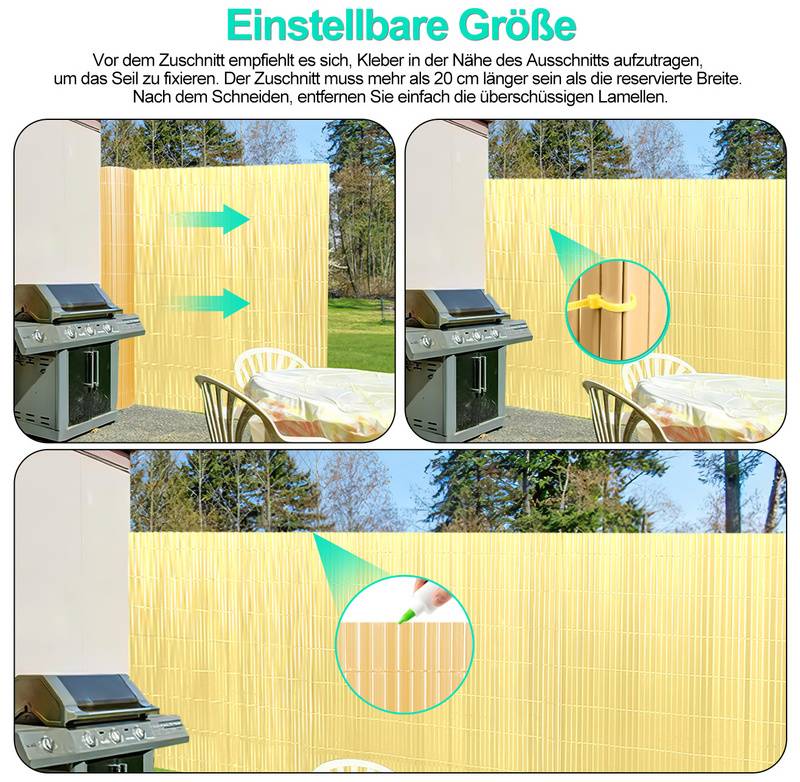 PVC Sichtschutzmatte Doppelte Verstärkung Innen, Balkon Sichtschutz mit Kabelbindern, Sichtschutzzaun Windschutz Wasserdicht ohne Bohren, Bambus 1,2