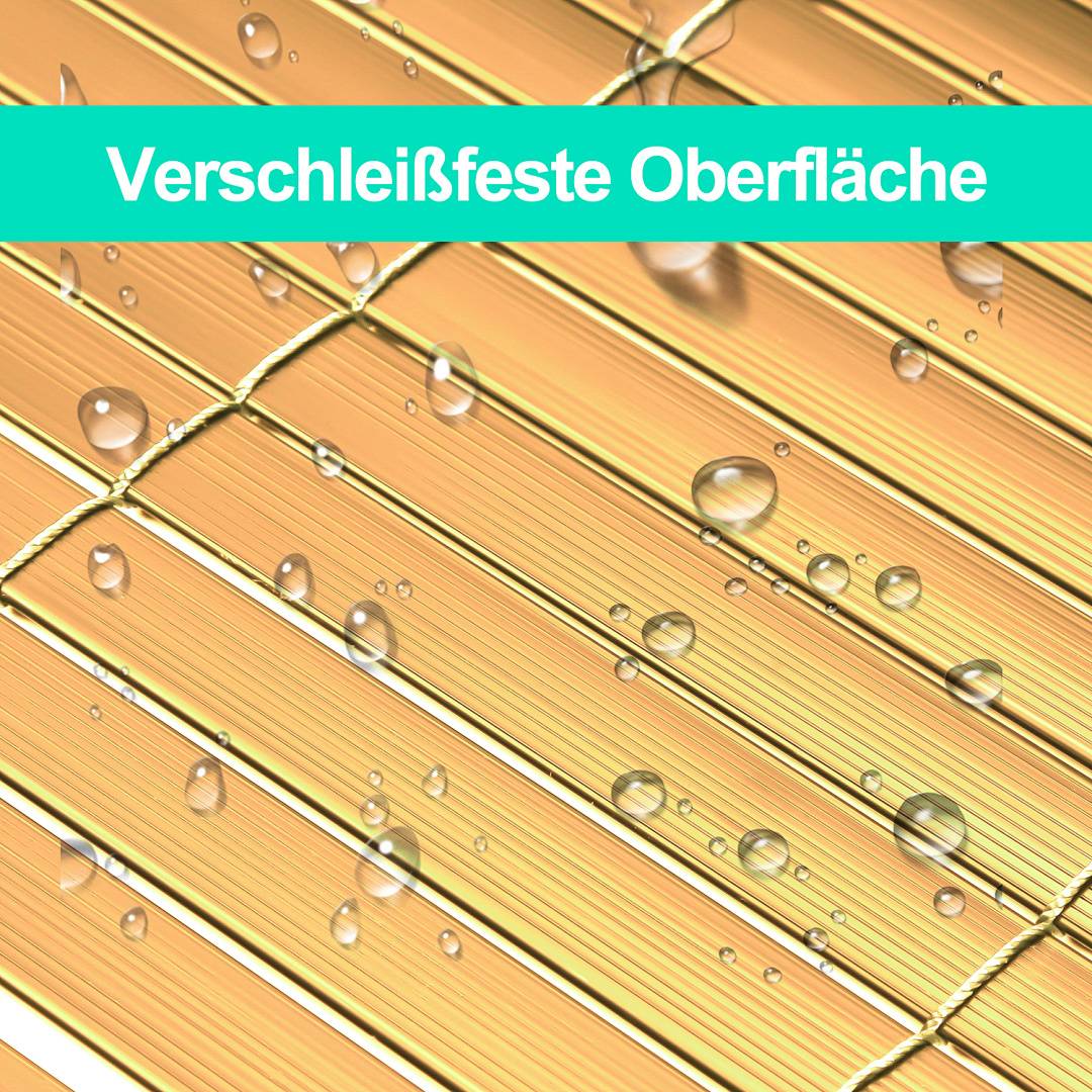 Goldfarbene strukturierte Oberfläche mit Wassertropfen, gekennzeichnet als „Verschleißfeste Oberfläche", um eine verschleißfeste Beschichtung anzuzeigen.