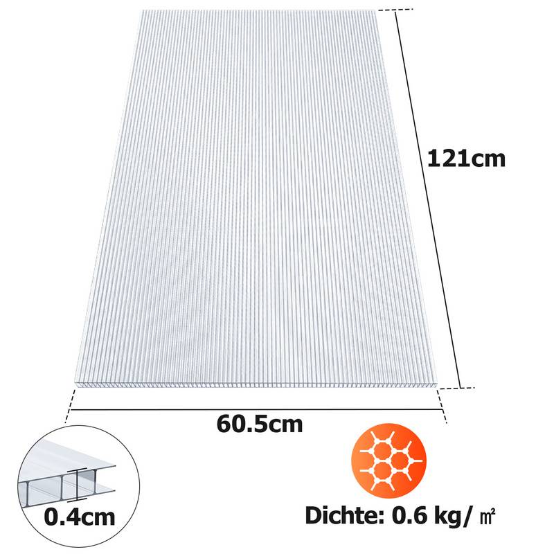 Polycarbonat Hohlkammerstegplatten - 14 Stk., 4mm dick, 121 x 60.5 cm, 10.25 m², UV-beständig, transparent - Doppelstegplatte, Gewächshausplatten