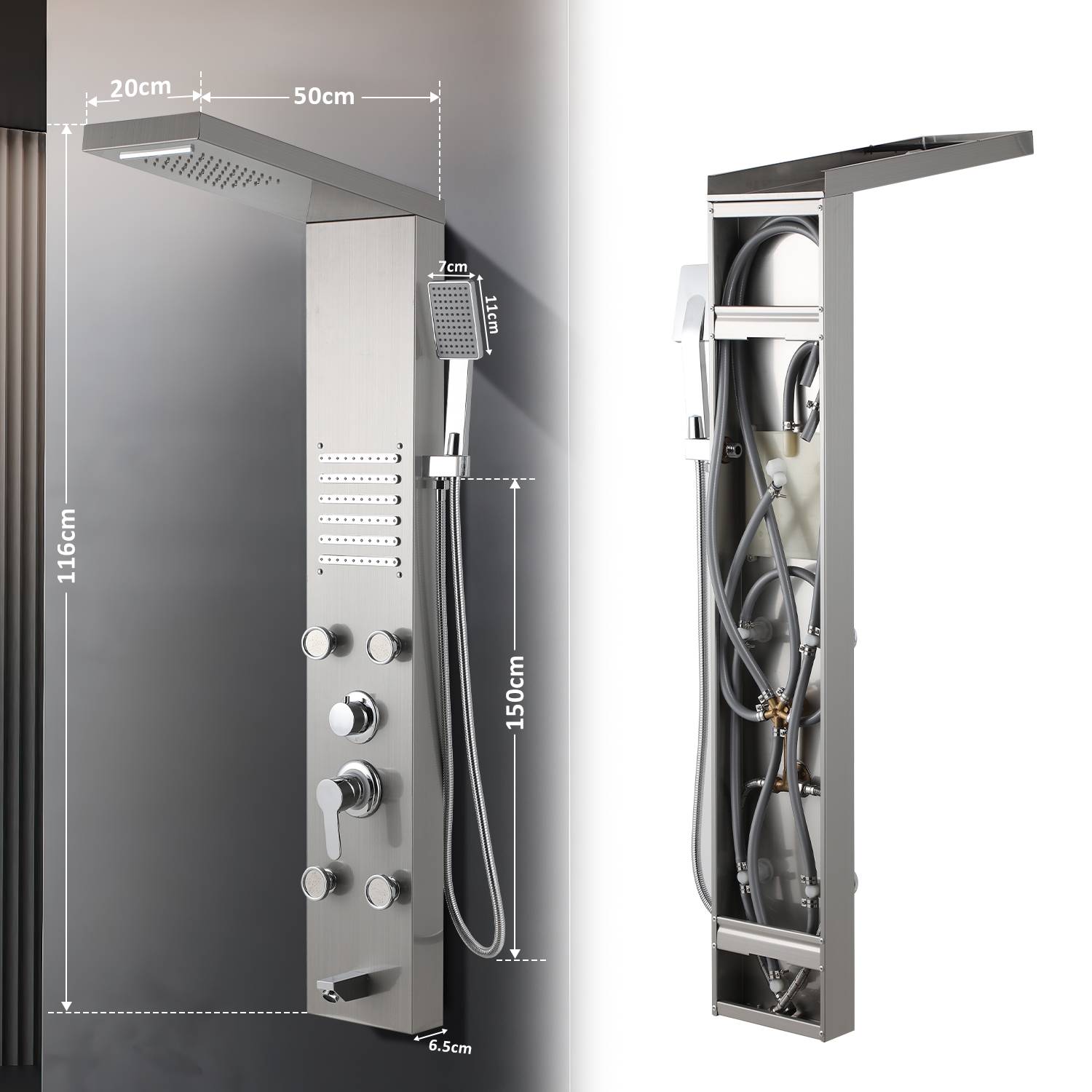 Duschpaneelsystem Duschpaneel Edelstahl Gebürstet Duschsäule mit 5 Duschmodi Duschset Duschpaneelturm mit Regendusche(Silber)