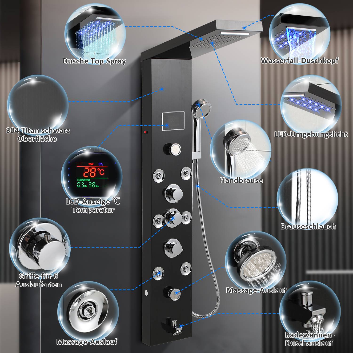 Duschpaneel für Badezimmer Hydromassagen 6 Jets Duschsystem Multifunktionales Duschpaneel 6 große Massagedüsen Duschsäule, Schwarz