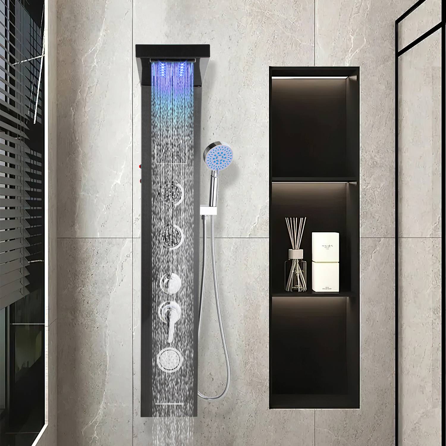 Duschpaneel für Badezimmer Hydromassagen Duschsystem Regendusche Multifunktionales Duschpaneel 5 große Massagedüsen Duschsäule, Schwarz