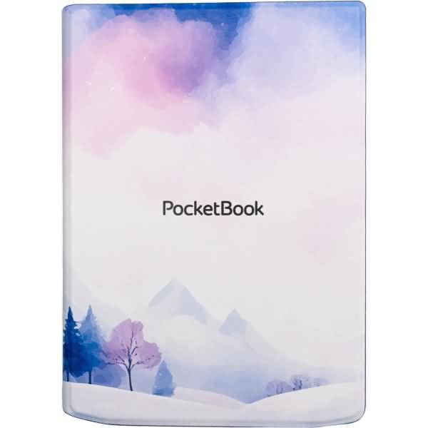 Ein PocketBook-E-Reader mit einem pastellfarbenen Aquarell-Cover, das neblige Berge, Bäume und schneebedeckte Hügel zeigt.