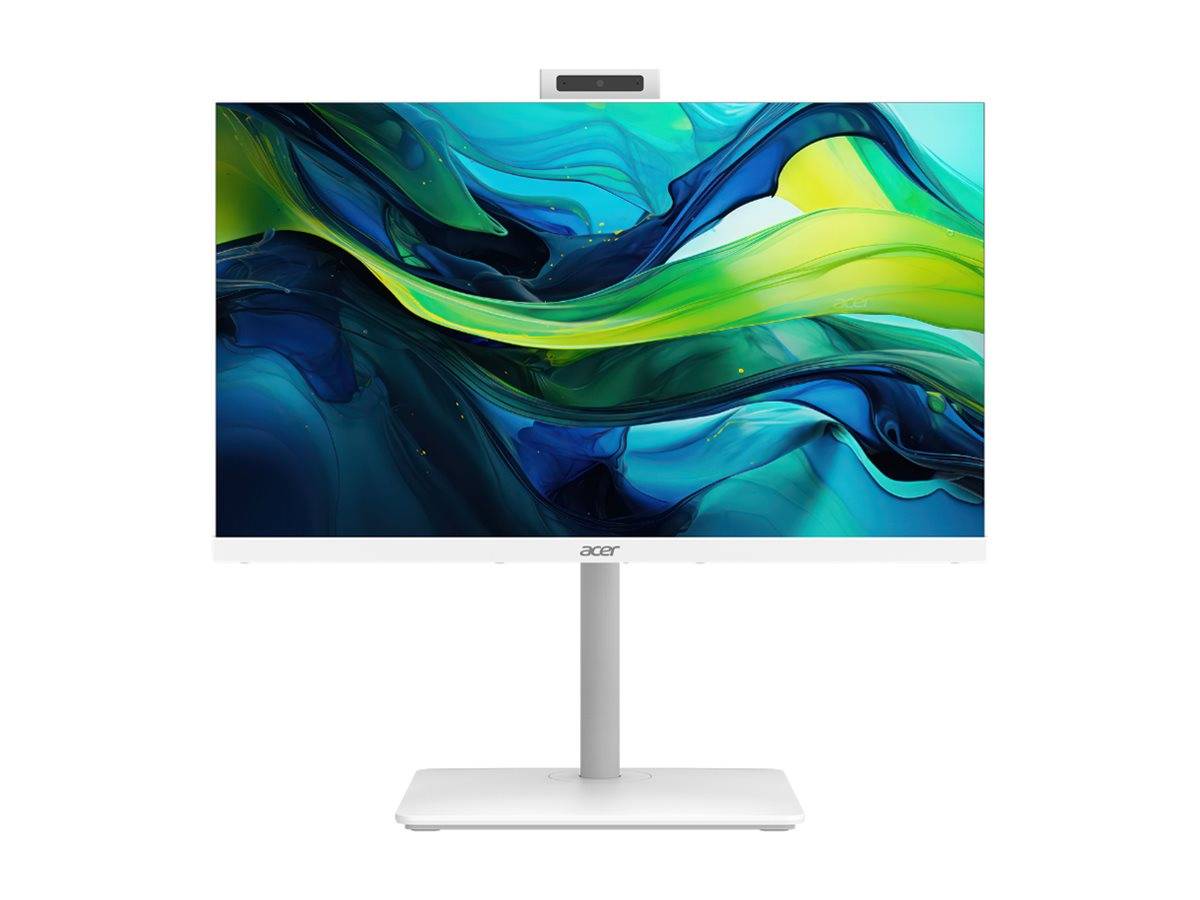Ein Computermonitor mit einem lebhaften abstrakten Design aus wirbelnden blauen, grünen und gelben Farben auf dem Bildschirm.