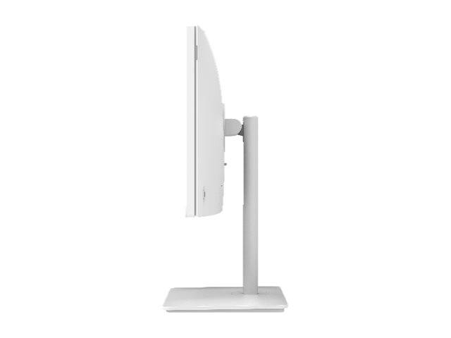 Ein weißer Computermonitor mit schlankem Profil wird von der Seite gezeigt, wobei sein elegantes und minimalistisches Design betont wird.