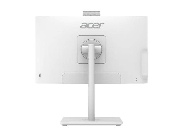 Ein weißer Acer-Monitor wird von hinten gezeigt, wobei sein Ständer und sein schlankes Design zu sehen sind.