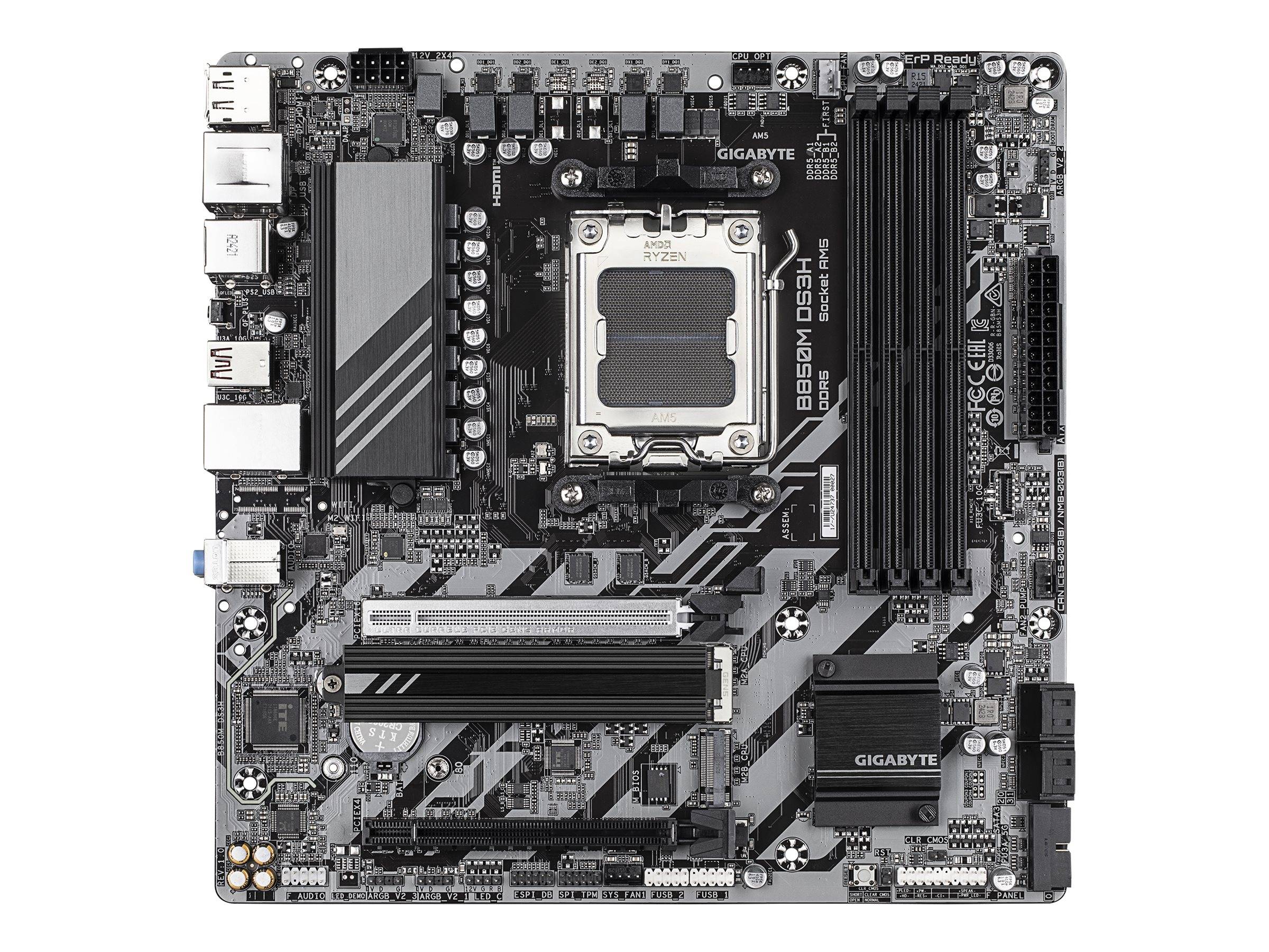 GIGABYTE B650M DS3H Mainboard mit AMD CPU-Sockel, vier RAM-Steckplätze, PCIe-Steckplätze, Kühlkörper und hinteren I/O-Anschlüssen.