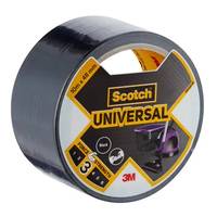Eine Rolle schwarzes Scotch Universal Panzertape, 48mm x 50m. Das Etikett zeigt Produkthighlights, darunter die Eignung für Innenbereich und Stärkestufe.
