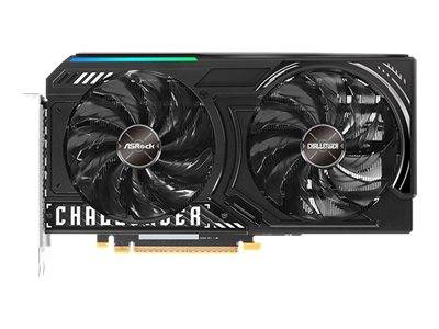 Schwarze ASRock Challenger-Grafikkarte mit zwei Kühlventilatoren und sichtbarem PCIe-Anschluss.