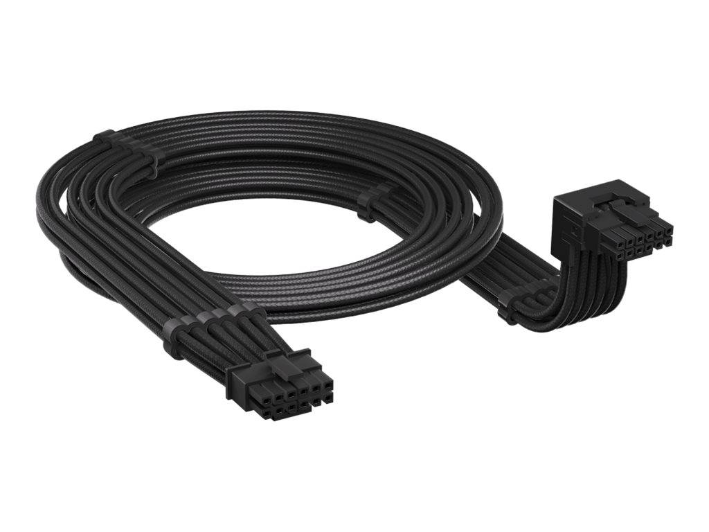 Schwarzes geflochtenes modulares Stromkabel mit zwei 24-Pin-Steckverbindern, aufgerollt auf weißem Hintergrund.