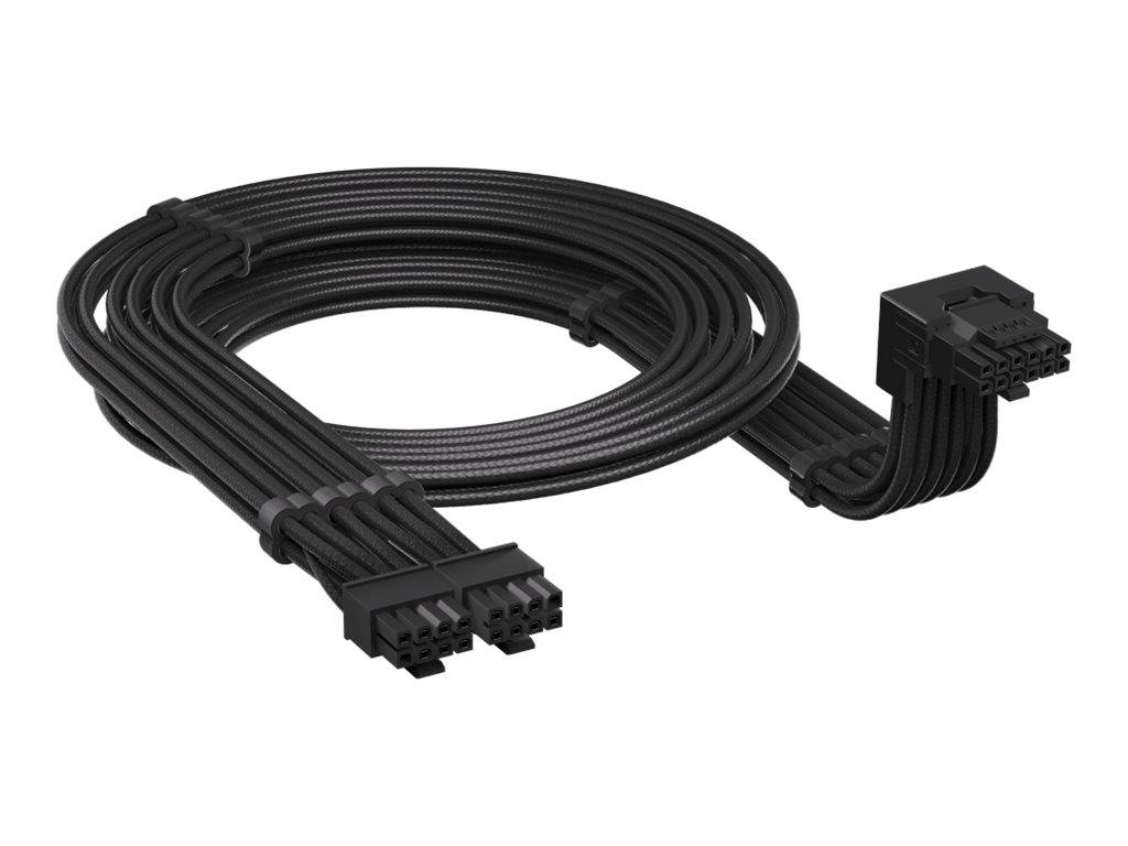 Schwarzes modulares Stromkabel mit zwei 12-Pin-Steckverbindern, aufgerollt auf weißem Hintergrund.