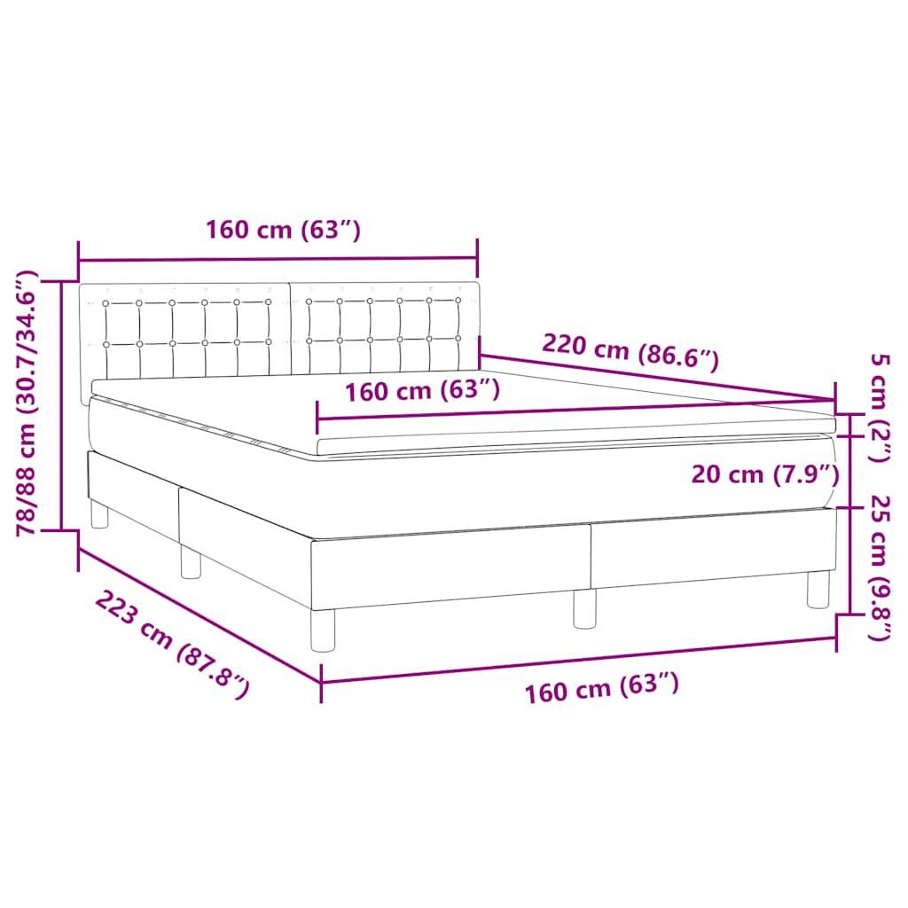 vidaXL Boxspringbett mit Matratze Hellgrau 160x220 cm Samt