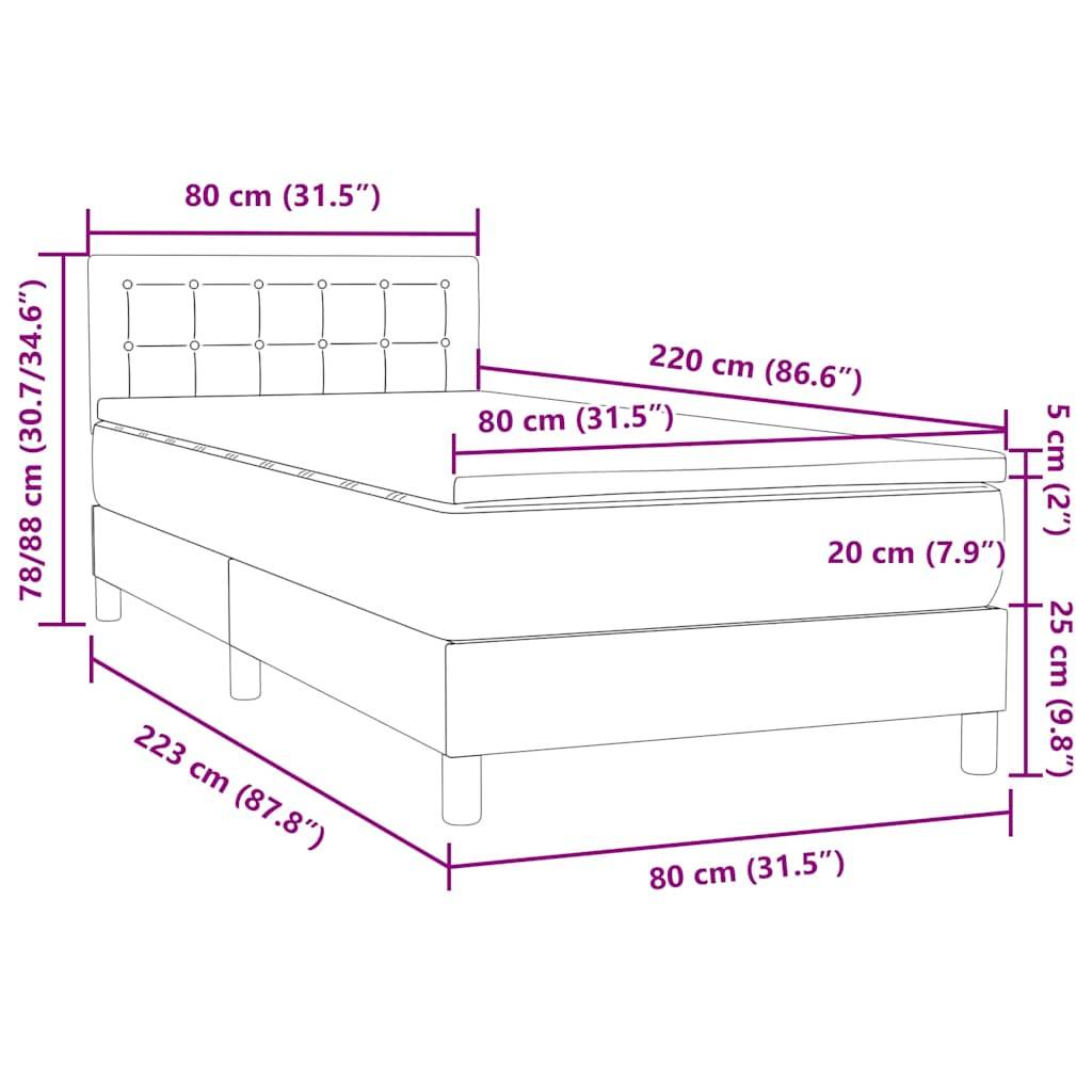 vidaXL Boxspringbett mit Matratze Hellgrau 80x220 cm Samt