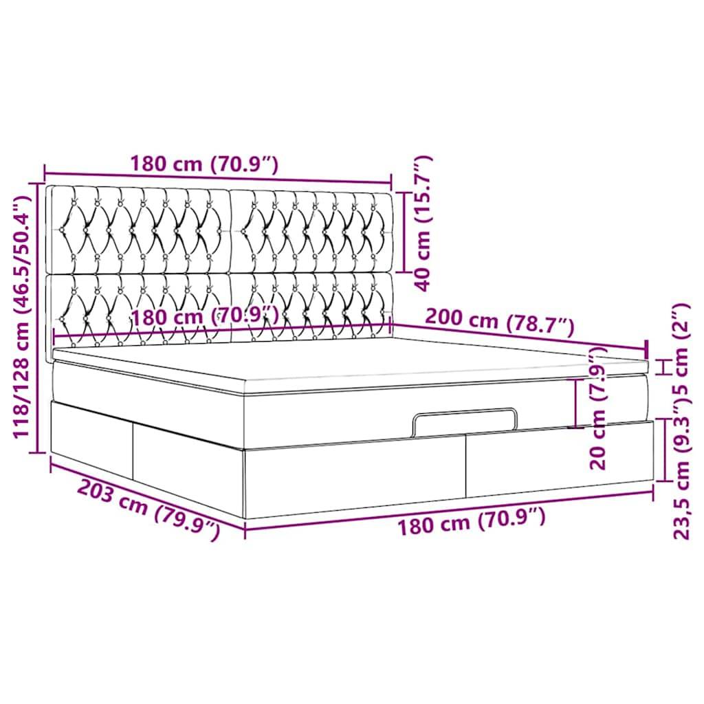 vidaXL Ottoman-Bett mit Matratze & LEDs Taupe 180x200 cm Stoff
