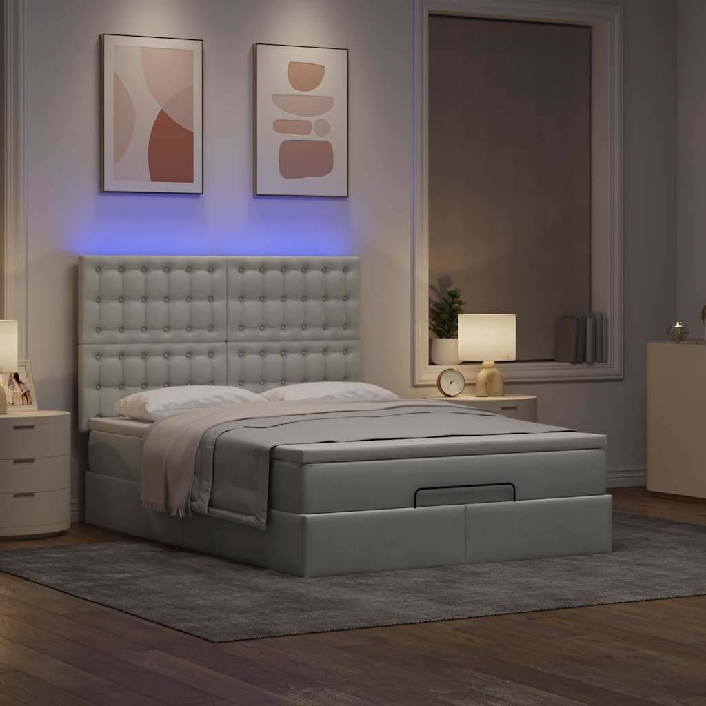 vidaXL Ottoman-Bett mit Matratzen & LEDs Hellgrau 140x200 cm Samt