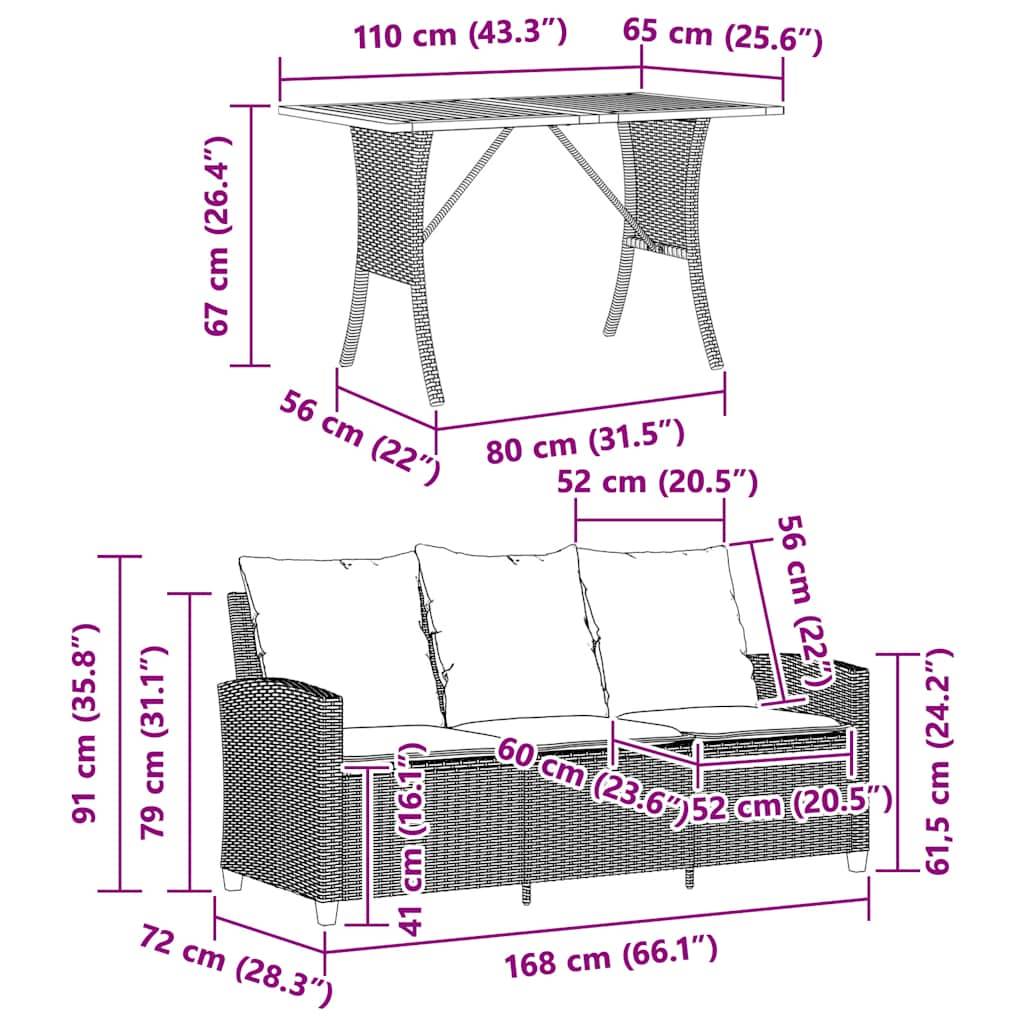 vidaXL Gartensofa 3-Sitzer mit Kissen &amp; Tisch Schwarz Poly Rattan