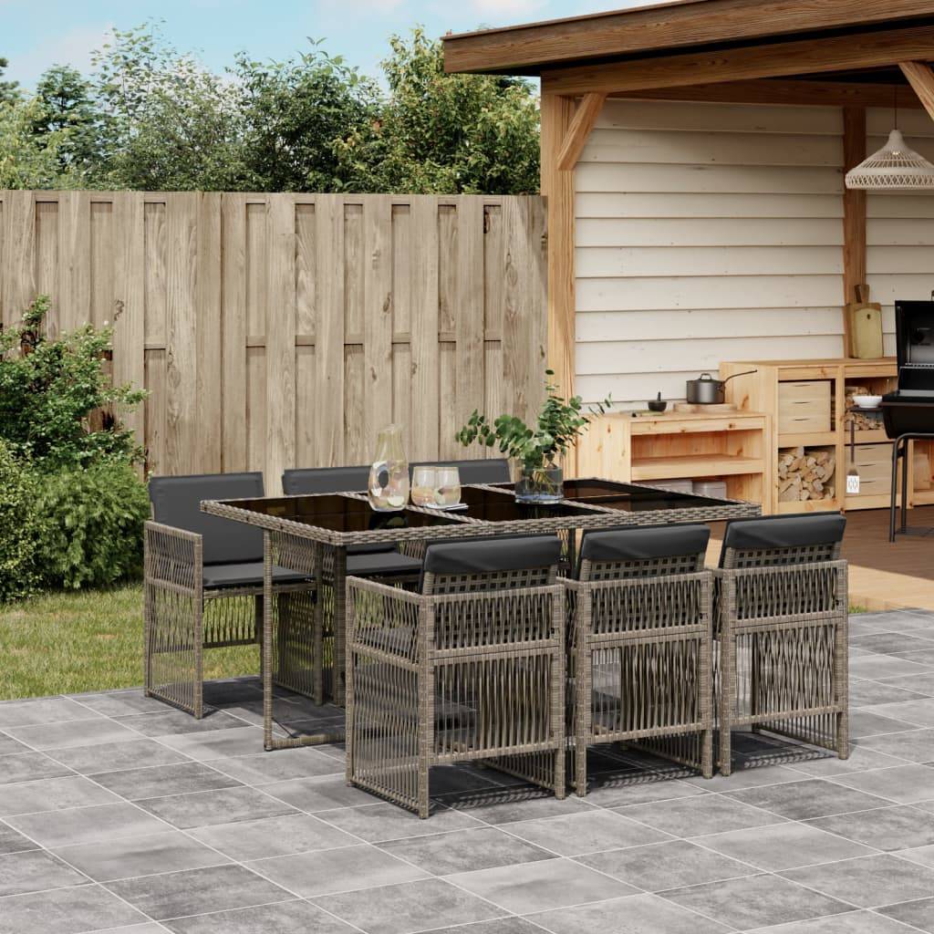 vidaXL 7-tlg. Garten-Essgruppe mit Kissen Grau Poly Rattan