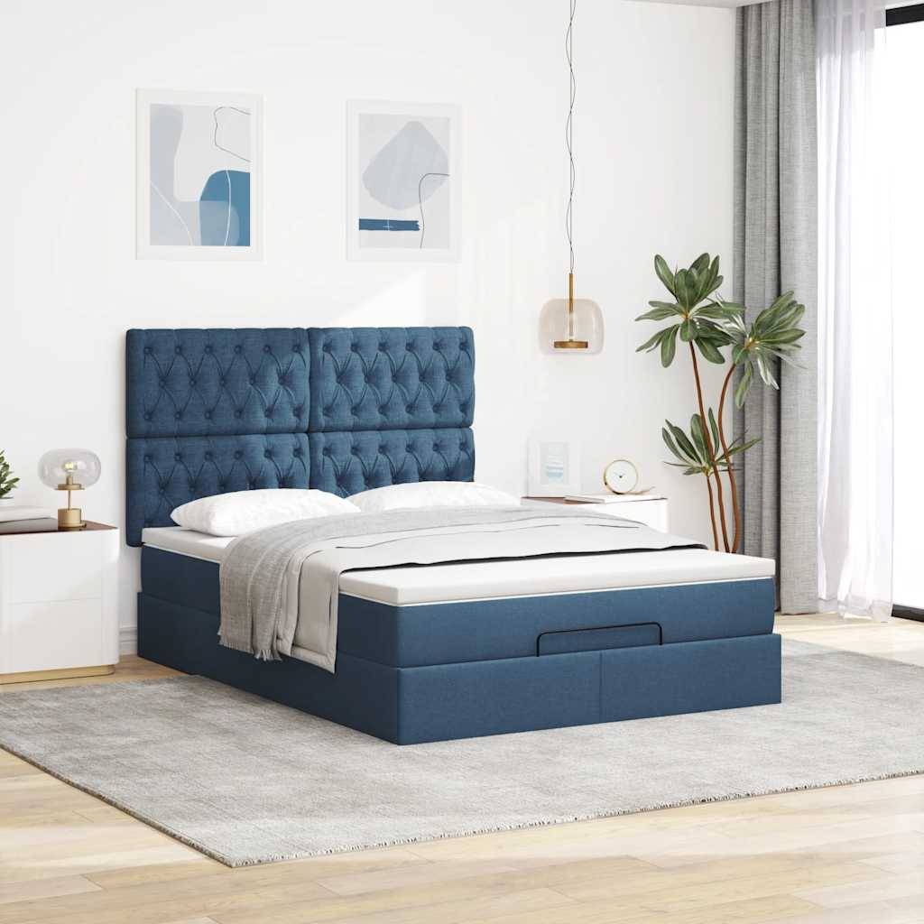 vidaXL Ottoman-Bett mit Matratze & LEDs Blau 140x190 cm Stoff