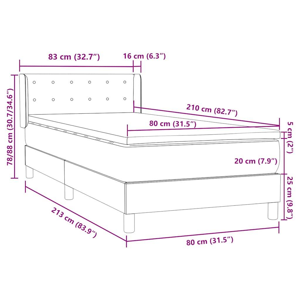 vidaXL Boxspringbett mit Matratze Dunkelgrau 80x210 cm Samt