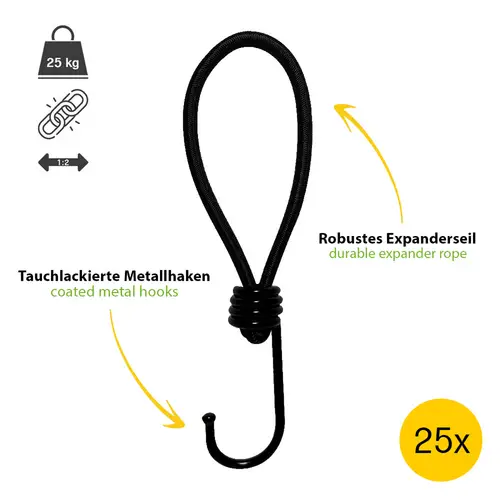 25 Stk. Spanngummi 18cm Expander mit Haken 5mm Universal Ladungssicherung für Planen und Anhängernetz 25 Stk. Spanngummi 18cm Expander mit Haken 5mm Universal Ladungssicherung für Planen und Anhängernetz