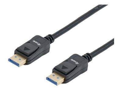 Zwei DisplayPort-Kabel mit schwarzen Steckern und blau gespitzten Steckverbindern auf weißem Hintergrund.