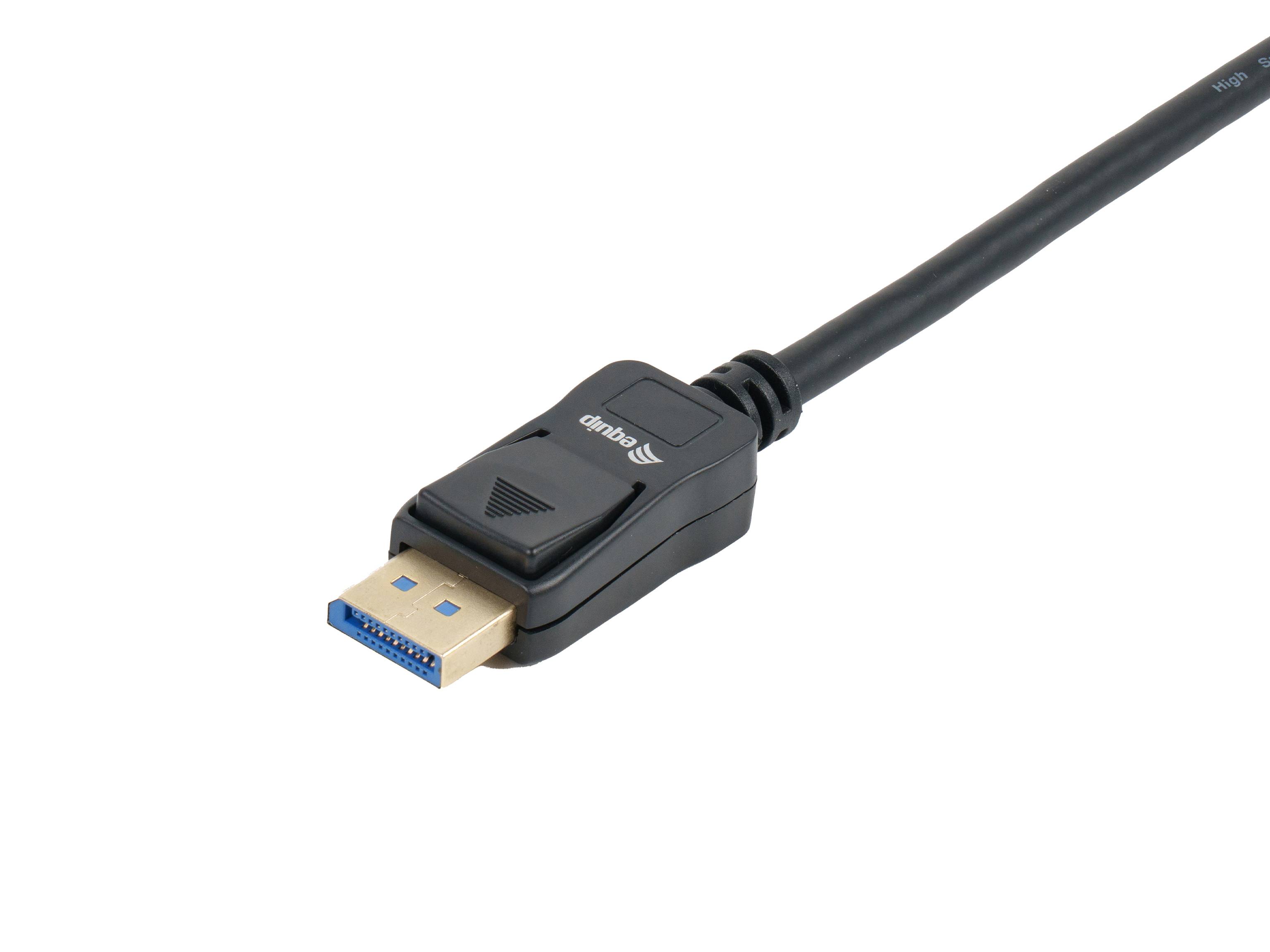 DisplayPort-Kabel mit schwarzem Anschluss und vergoldetem Stecker auf weißem Hintergrund.