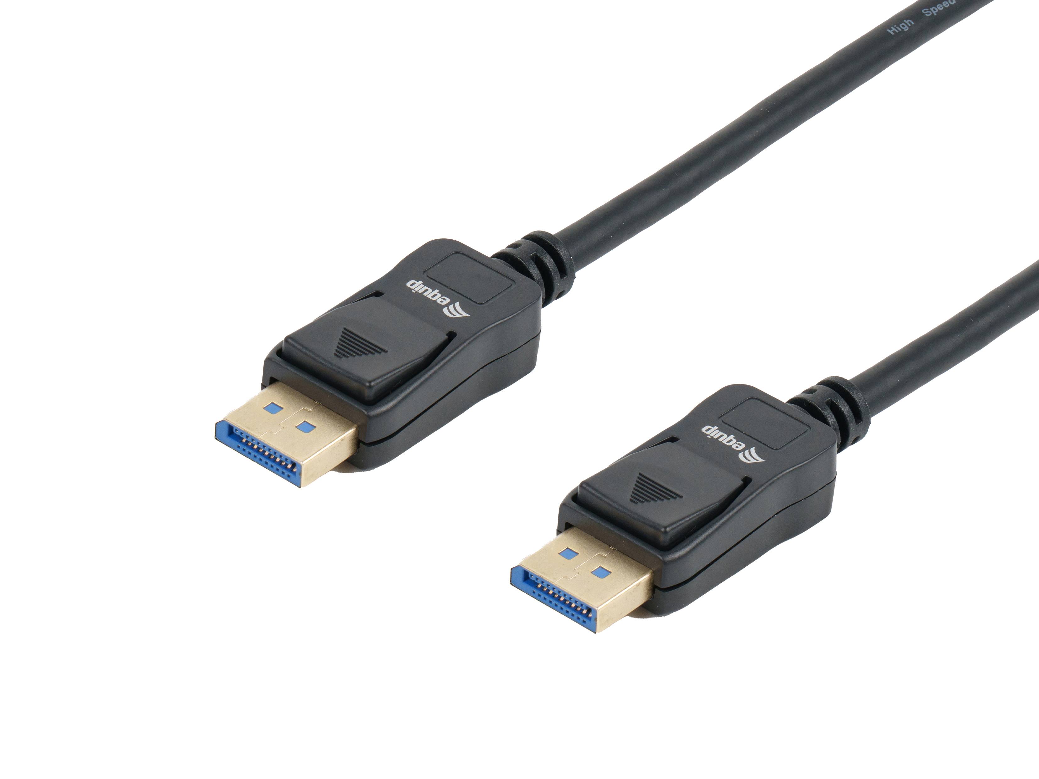 Zwei DisplayPort-Kabelverbinder mit schwarzen Gehäusen und vergoldeten Steckern auf weißem Hintergrund.