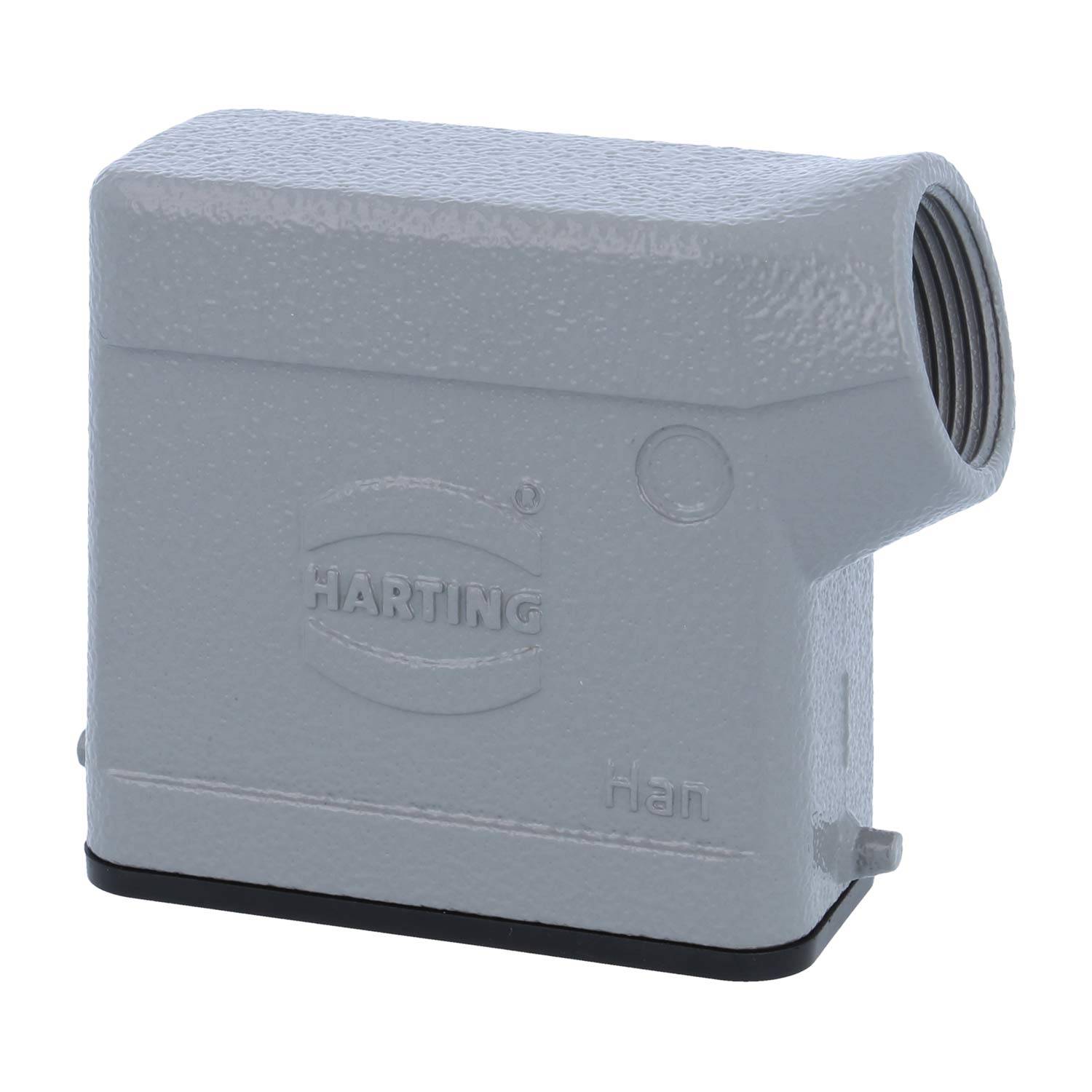 Eine graue industrielle Anschlusshaube von 'HARTING', rechteckig mit einer geschwungenen Ausführung oben rechts, Markenbeschriftung in der Mitte eingeprägt.