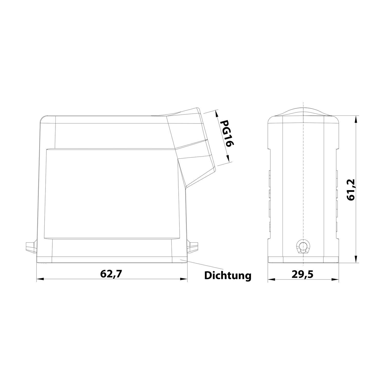 Technische Zeichnung eines Geräts mit Abmessungen: 62,7 Breite, 61,2 Höhe, 29,5 Tiefe. Bezeichnung PG16 und beschriftet mit Dichtung.