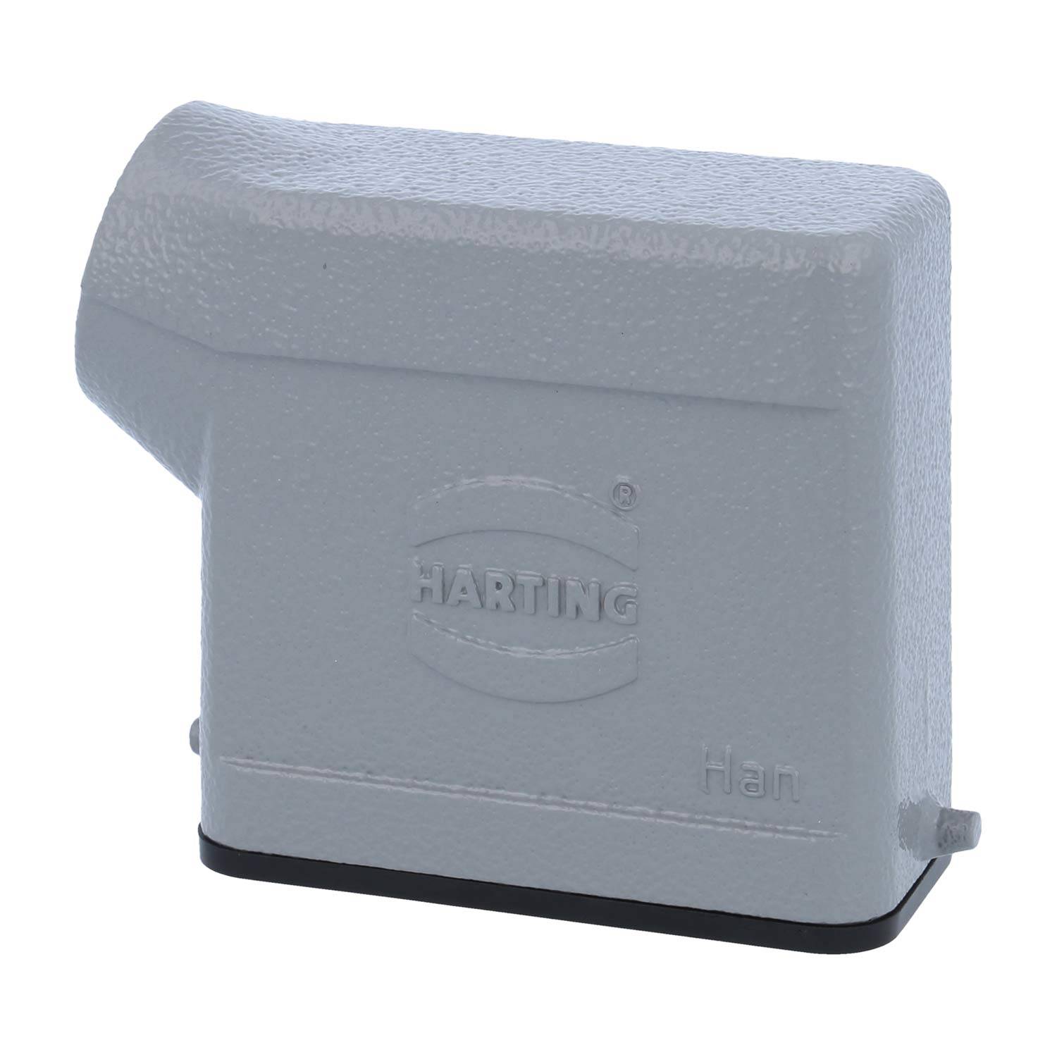 Grauer Harting Han Industriesteckverbinder-Schutzdeckel, schräg links angeordnet, mit strukturierter Oberfläche und geprägtem Logo.
