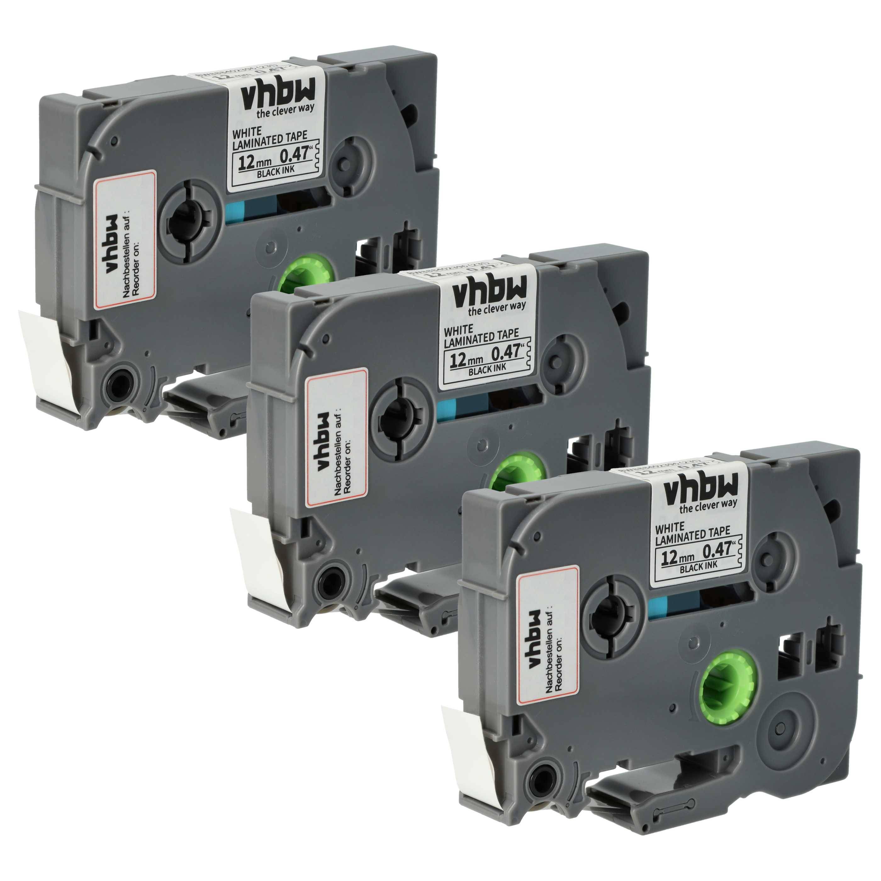 vhbw 3x Schriftband-Kassette kompatibel mit Brother PT 1280, 1250VPS, 1260, 1260VP, 1280BT Etiketten-Drucker 4m x 12mm Schwarz auf Weiß, Laminiert