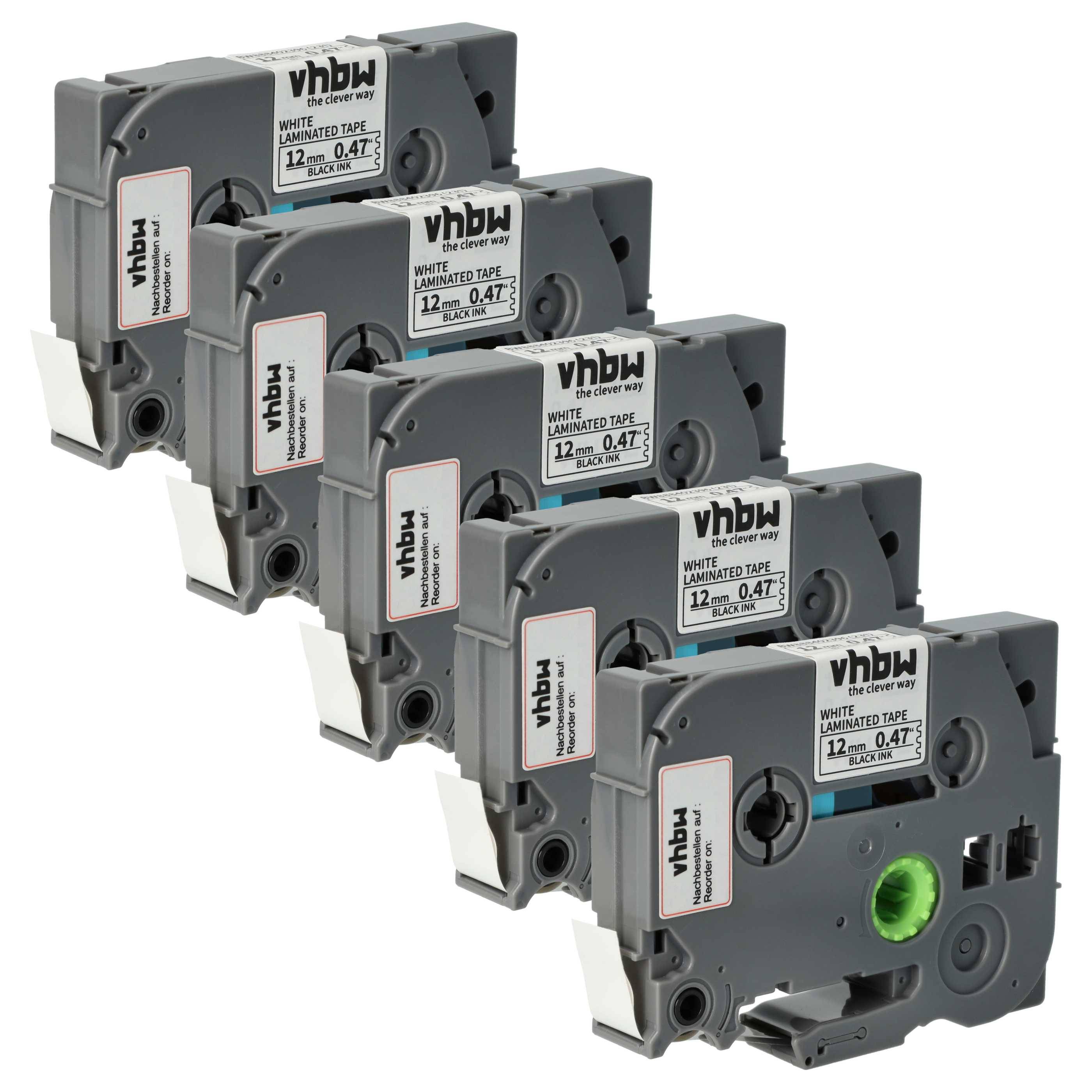 vhbw 5x Schriftband-Kassette kompatibel mit Brother PT 200, 1960, 200-Serie, 2030, 2000-Serie Etiketten-Drucker 4m x 12mm Schwarz auf Weiß