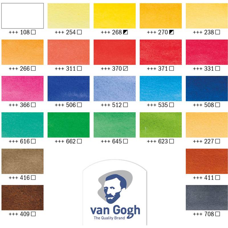 Van-Gogh-Aquarellfarben-Farbfelder, die eine Palette von 24 Farben mit unterschiedlichen Helligkeits- und Sättigungsstufen präsentieren.