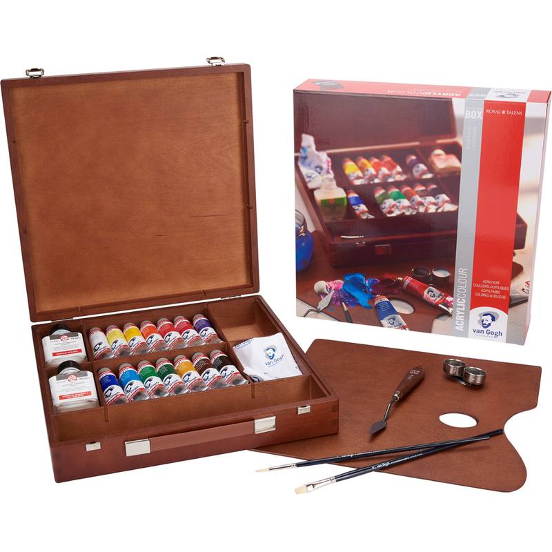 Holzkasten für Kunstfarben mit Röhrchen Ölfarbe, Pinseln, Palette, Messer und Mischpalette neben der Verpackung dargestellt.
