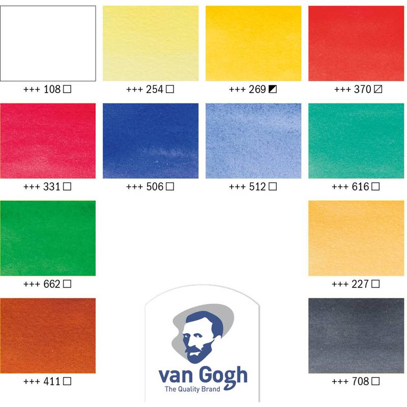 Van Gogh Aquarellfarben Farbmuster, nummeriert: 108, 254, 269, 370, 331, 506, 512, 616, 662, 227, 411, 708. Van Gogh Logo am unteren Rand.