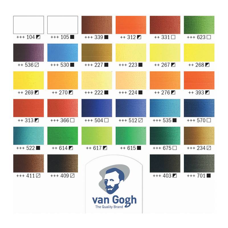 Farbkarte zur Darstellung verschiedener Nuancen der Van-Gogh-Marke von Farben, in einem Raster angeordnet. Jede Farbnuance besitzt einen einzigartigen Code und Farbfeld.
