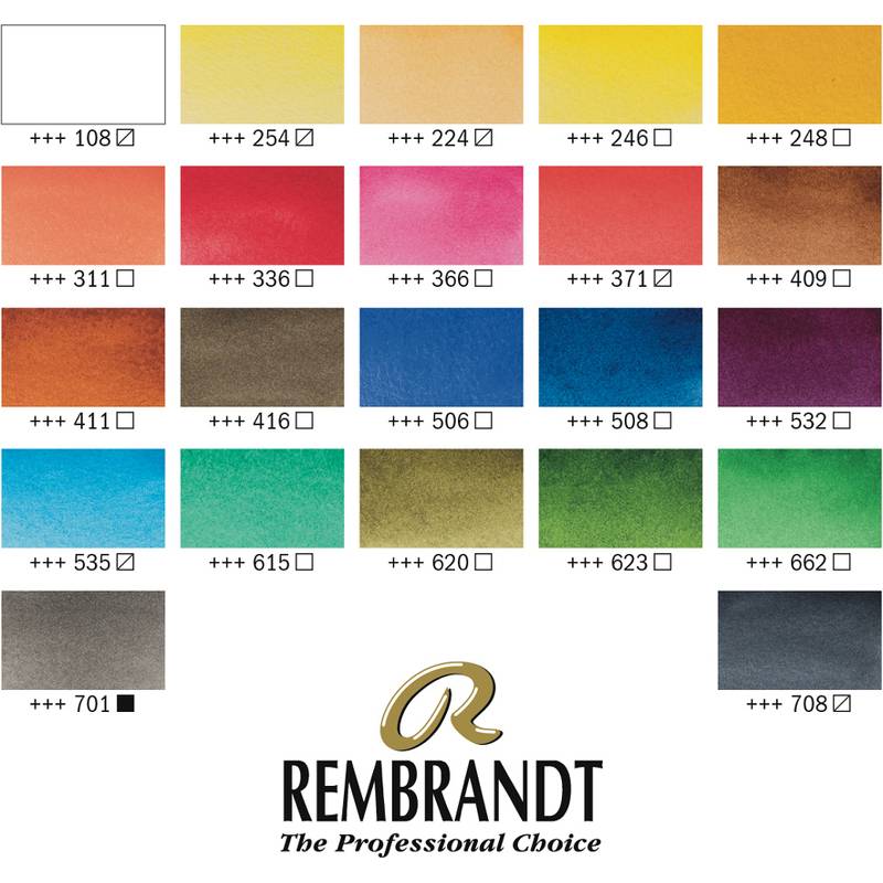 Farbmuster von Rembrandt mit verschiedenen Schattierungen und ihren Nummern, von hellen Gelbtönen bis hin zu tiefen Blau- und Grüntönen, mit Markenlogo.