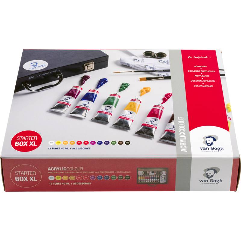 Van Gogh Acrylfarben-Starterset mit 12 Farbtuben, Pinseln und Zubehör in einer Präsentationsbox.