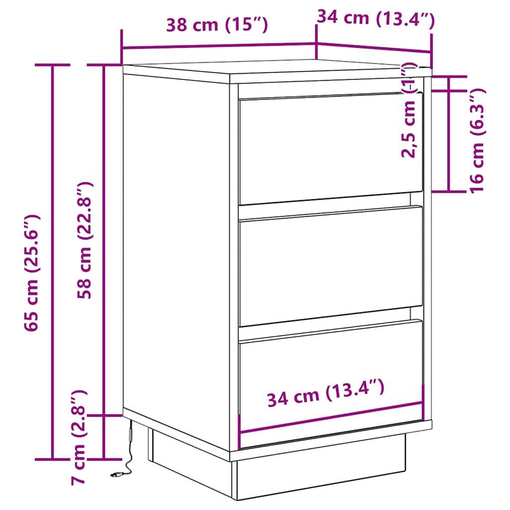 vidaXL Nachttisch mit LED-Leuchten Betongrau 38x34x65 cm