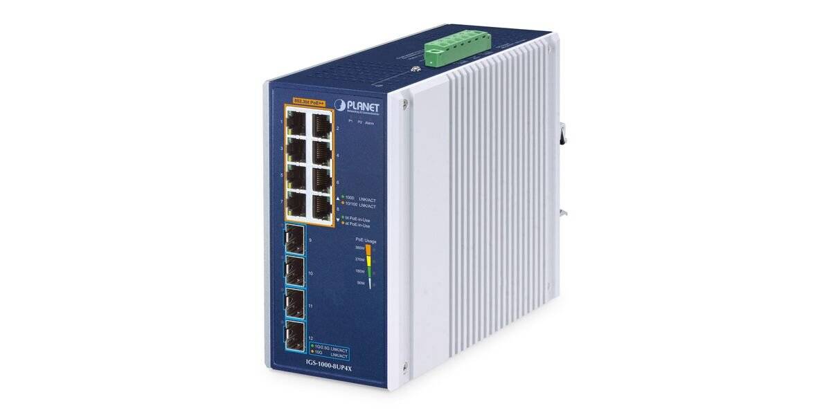 Industrial Ethernet-Schalter mit acht vorderen Anschlüssen, Status-LEDs und einem grünen Anschlussblock oben, dargestellt in einem blau-silbernen Metallgehäuse.