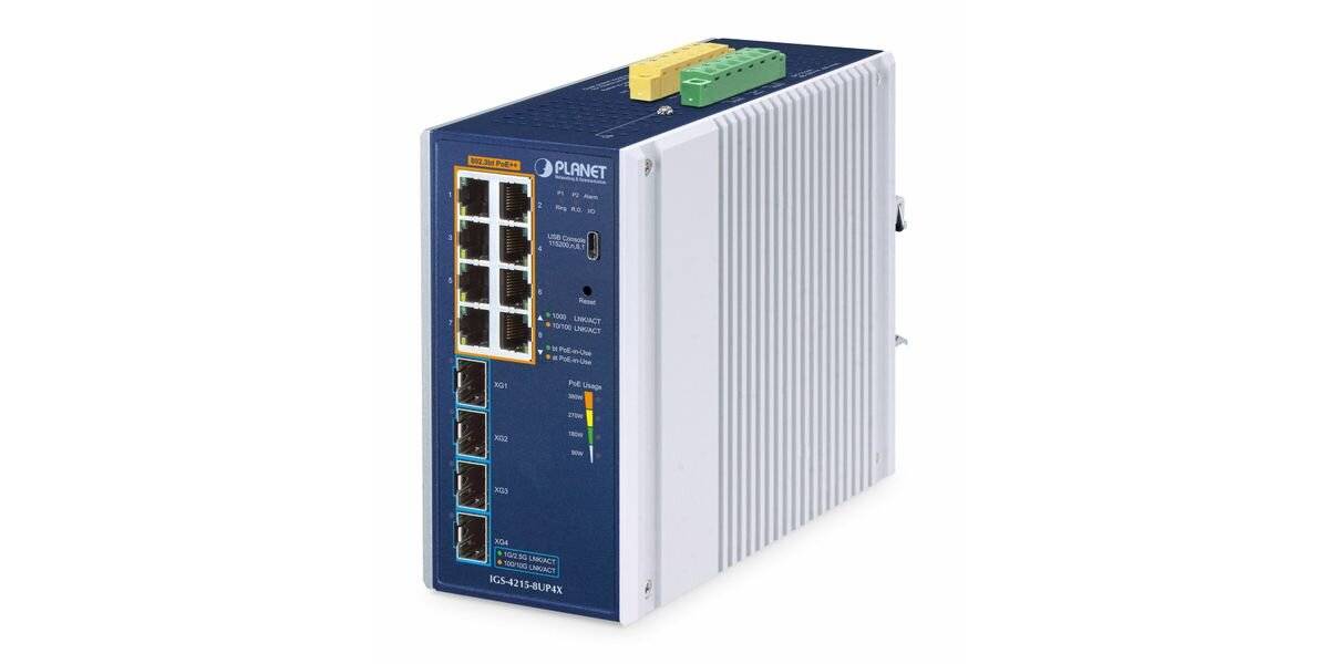 Industrieller Netzwerk-Switch mit acht Ethernet-Anschlüssen und Status-LEDs, gezeigt in einem weiß-blauen Metallgehäuse.