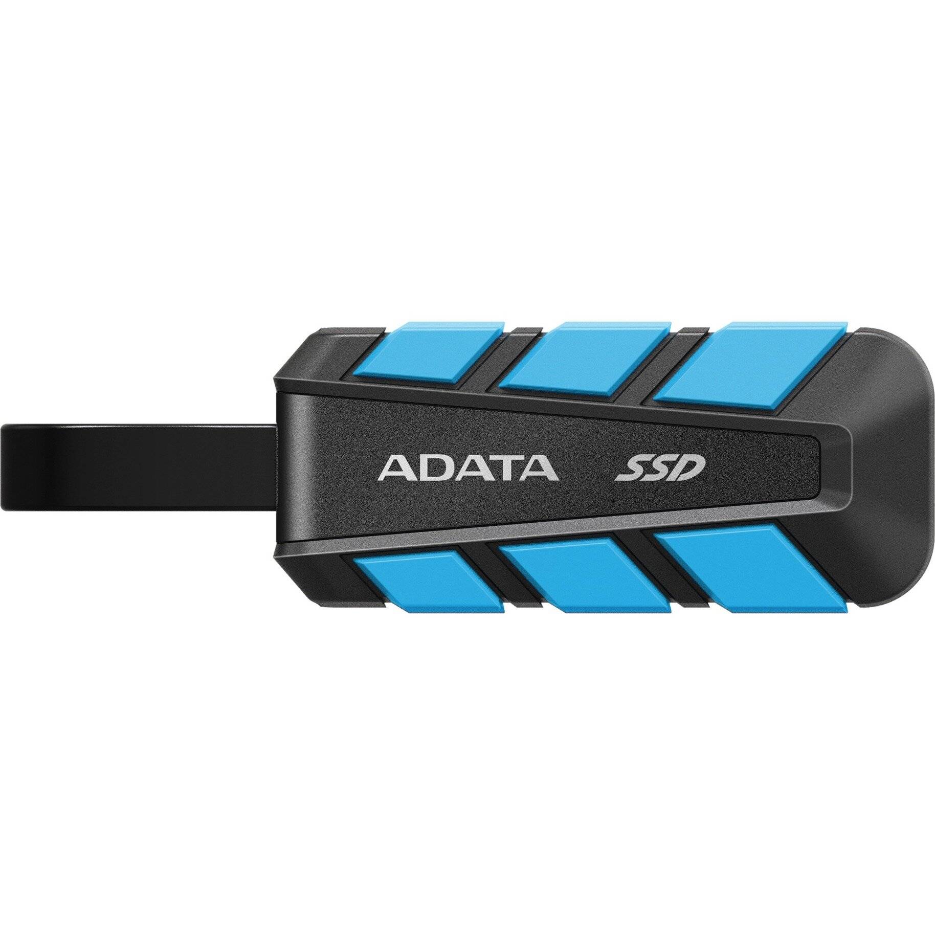 ADATA externe SSD mit schwarzem und blauem robustem Gehäuse und angeschlossenem Kabel auf weißem Hintergrund