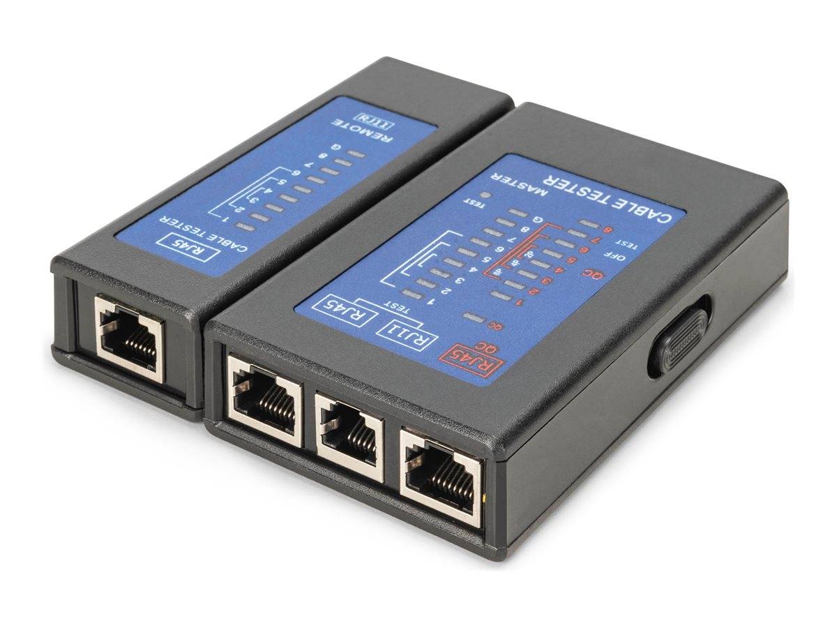 Zwei schwarze Netzwerkkabel-Testgeräte mit beschrifteten LED-Statusanzeigen und RJ45-Anschlüssen, angewinkelt nebeneinander auf weißem Hintergrund dargestellt.