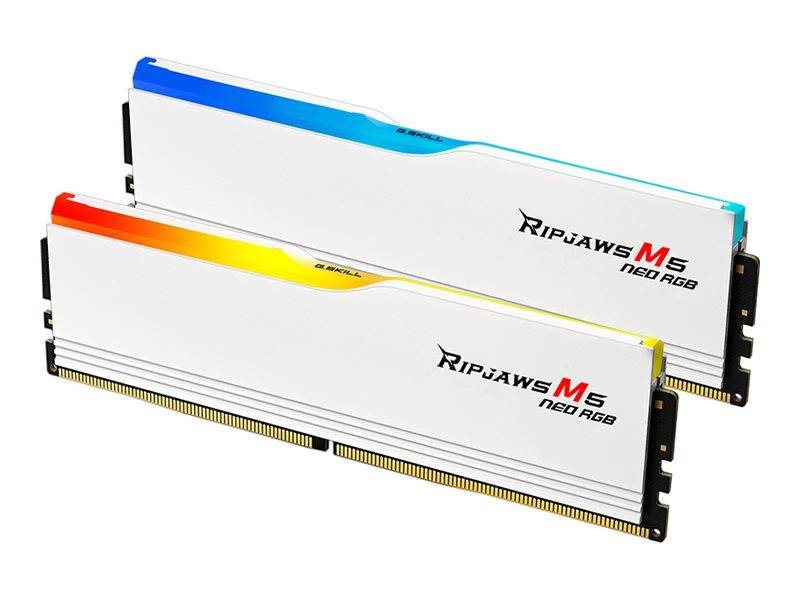 Zwei Riegel G.Skill Ripjaws M5 Neo RGB RAM mit weißen Heatspreadern und beleuchteten Kanten, entwickelt für Computerspeicher.
