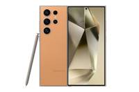 Orange-Smartphone von vorne und hinten mit einem Stift daneben gezeigt, wobei das rückwärtige Kamera-Array und die geometrische Bildschirmanzeige hervorgehoben werden.